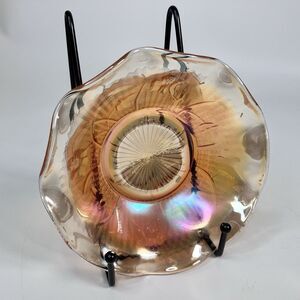 Vtg Jeanette Carnival Glass Iris & Herringbone Ruffle Bowl Marigold 5.5" Dish